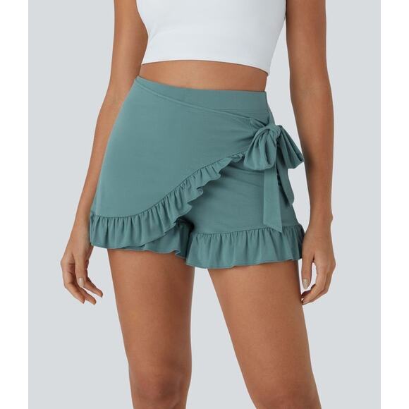 NEW Halara Teal High Waisted Tie Side Ruffle Hem Flowy Casual Comfy Shorts XL - Picture 3 of 10
